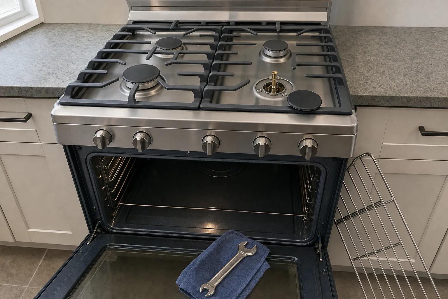 Gas cooktop with one sealed burner taken apart, cap and ring set aside beside the brass orifice