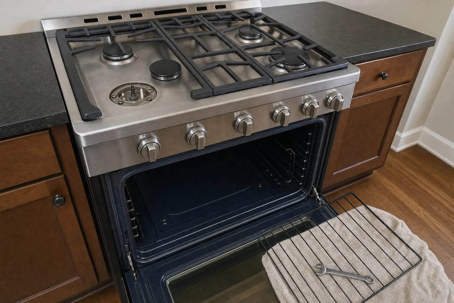 Cooktop burner dismantled down to the igniter electrode and gas orifice, cap and grate lifted clear