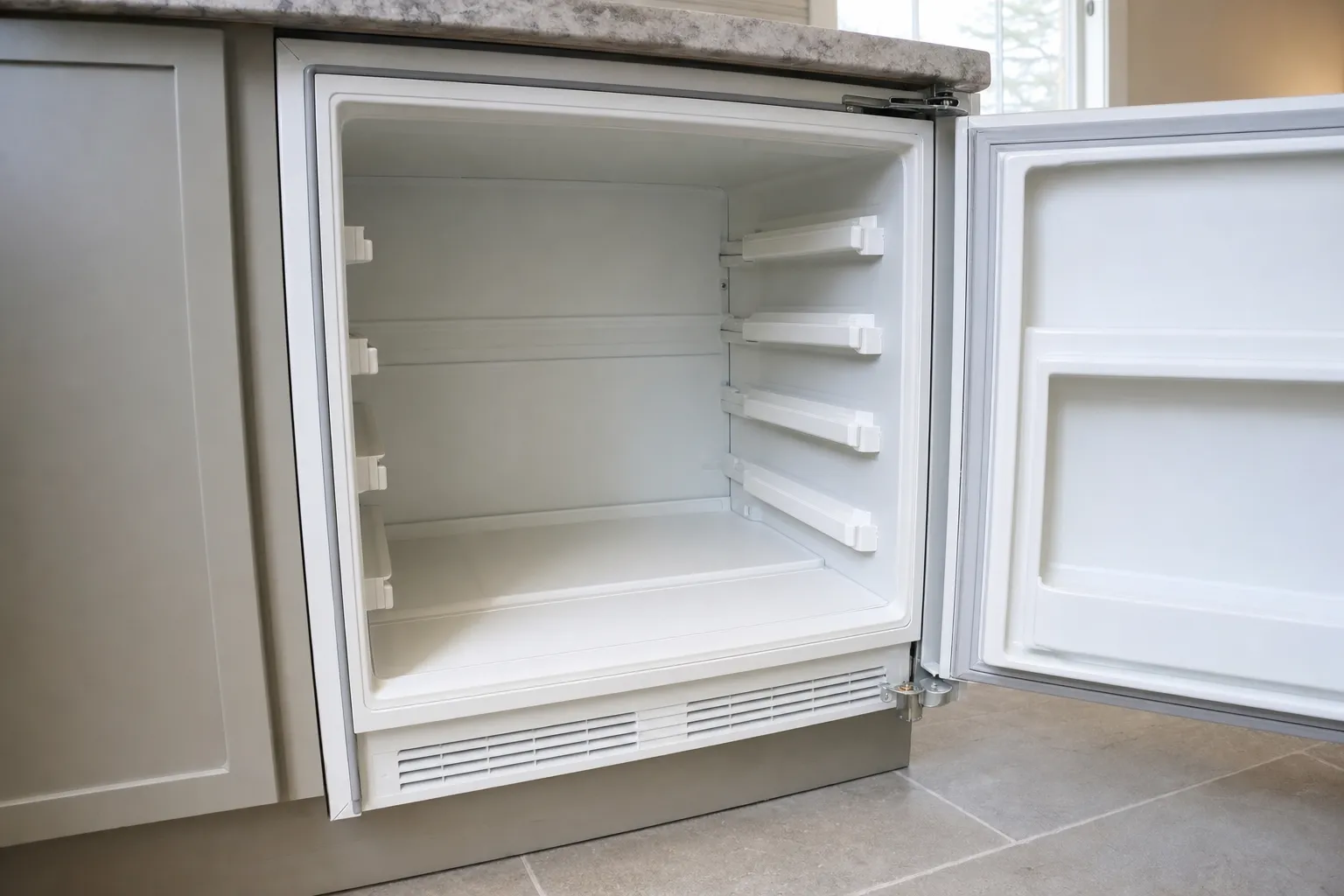 Undercounter refrigerator set into cabinetry, door open on empty white shelving above the vent grille