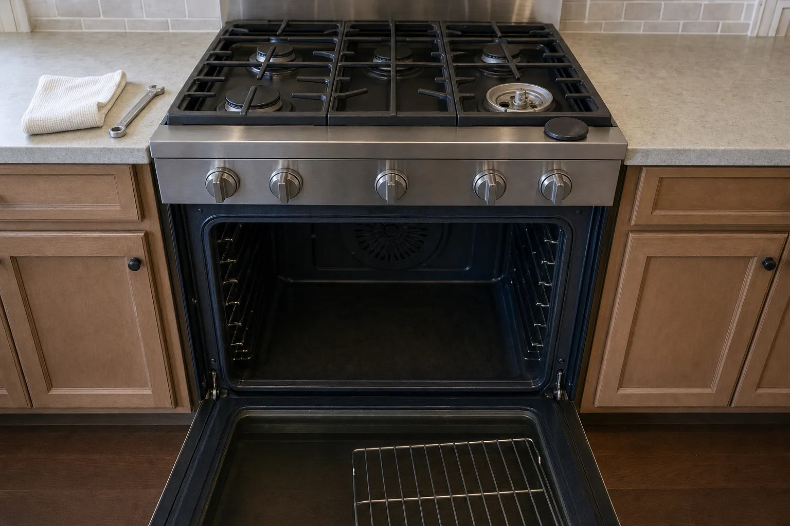 Open oven cavity of a stainless gas range, racks in place and the convection fan cover at the back