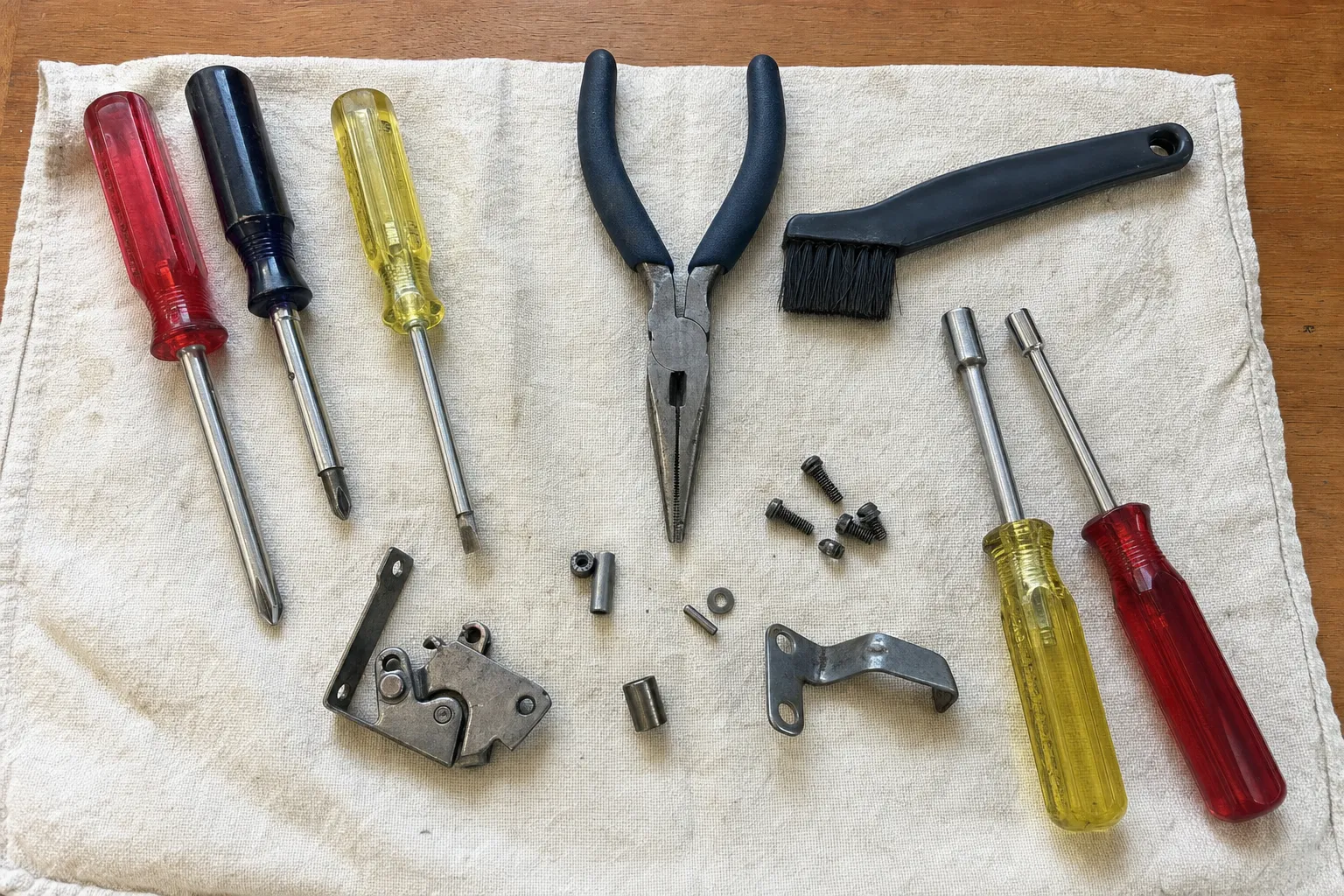 Coloured screwdrivers, nut drivers, needle-nose pliers and a brush around a small lever-and-plate assembly, pins, spacers and a bent bracket